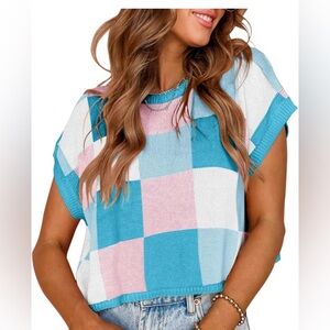 Colorful Checkered Women's Cap Sleeve Cropped Top, size M